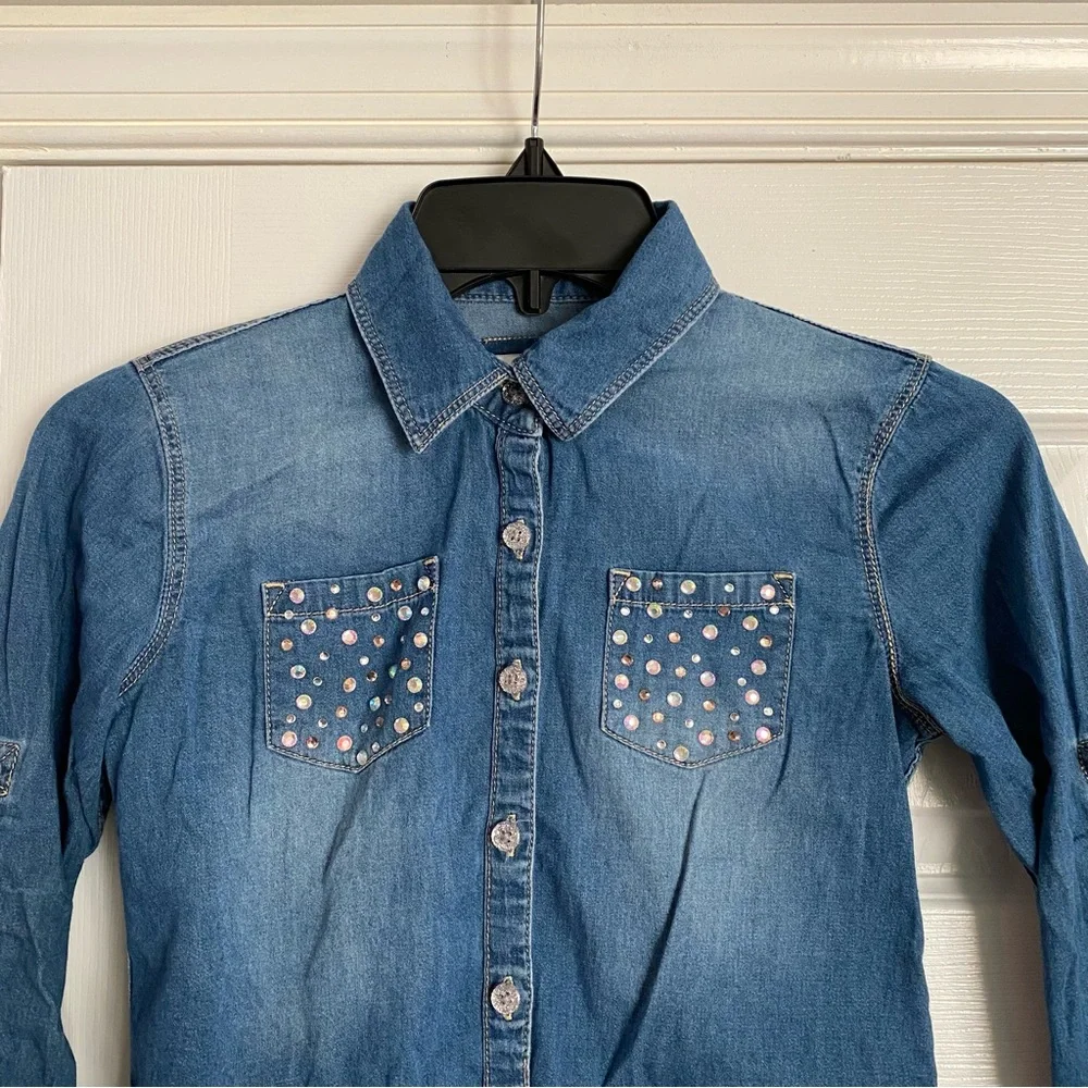 Justice Girls Jean Button Down Top Gem Embellished Pockets Size 8 Blue Silver